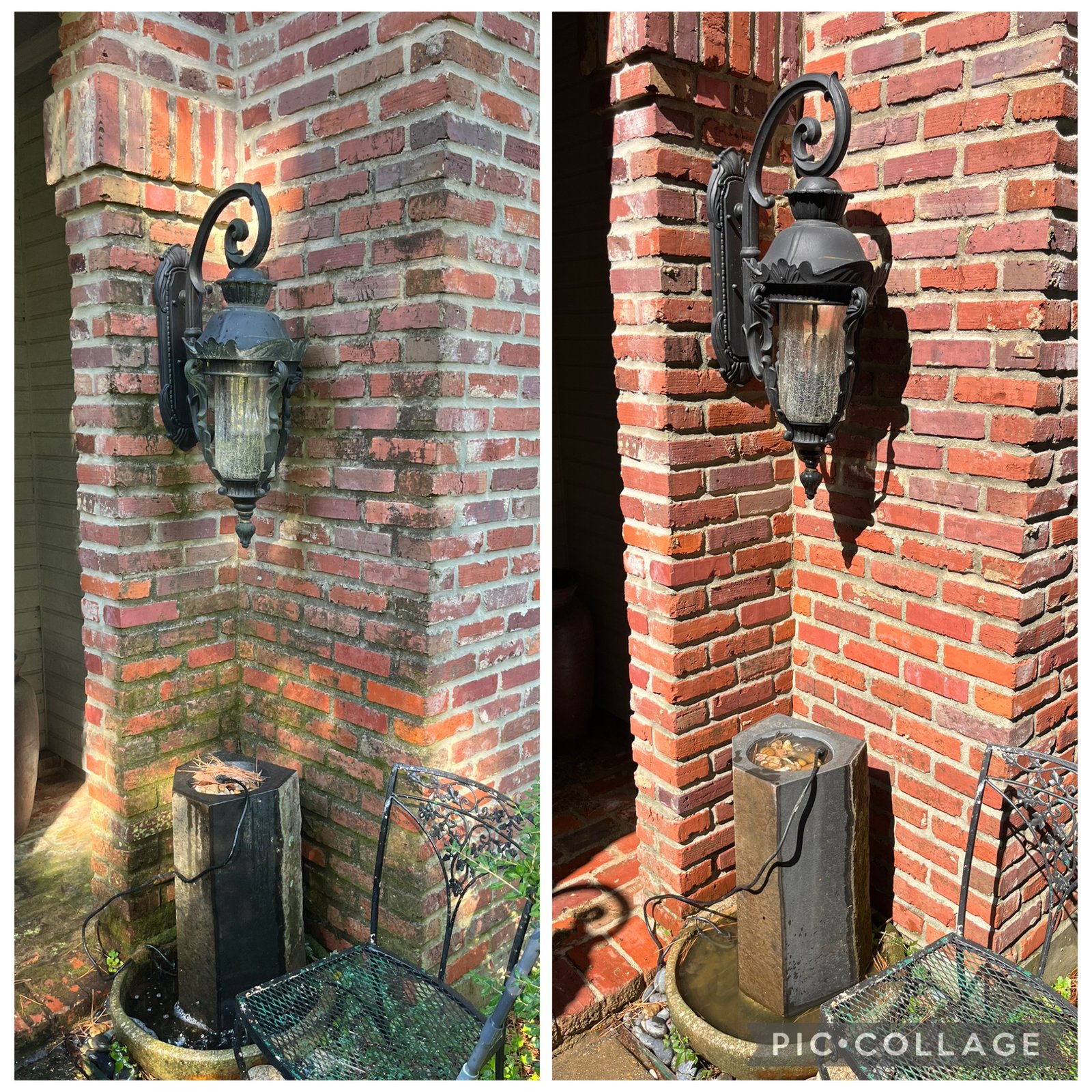 Before and after brick wall pressure washing - algae and mold removal Presidential Services