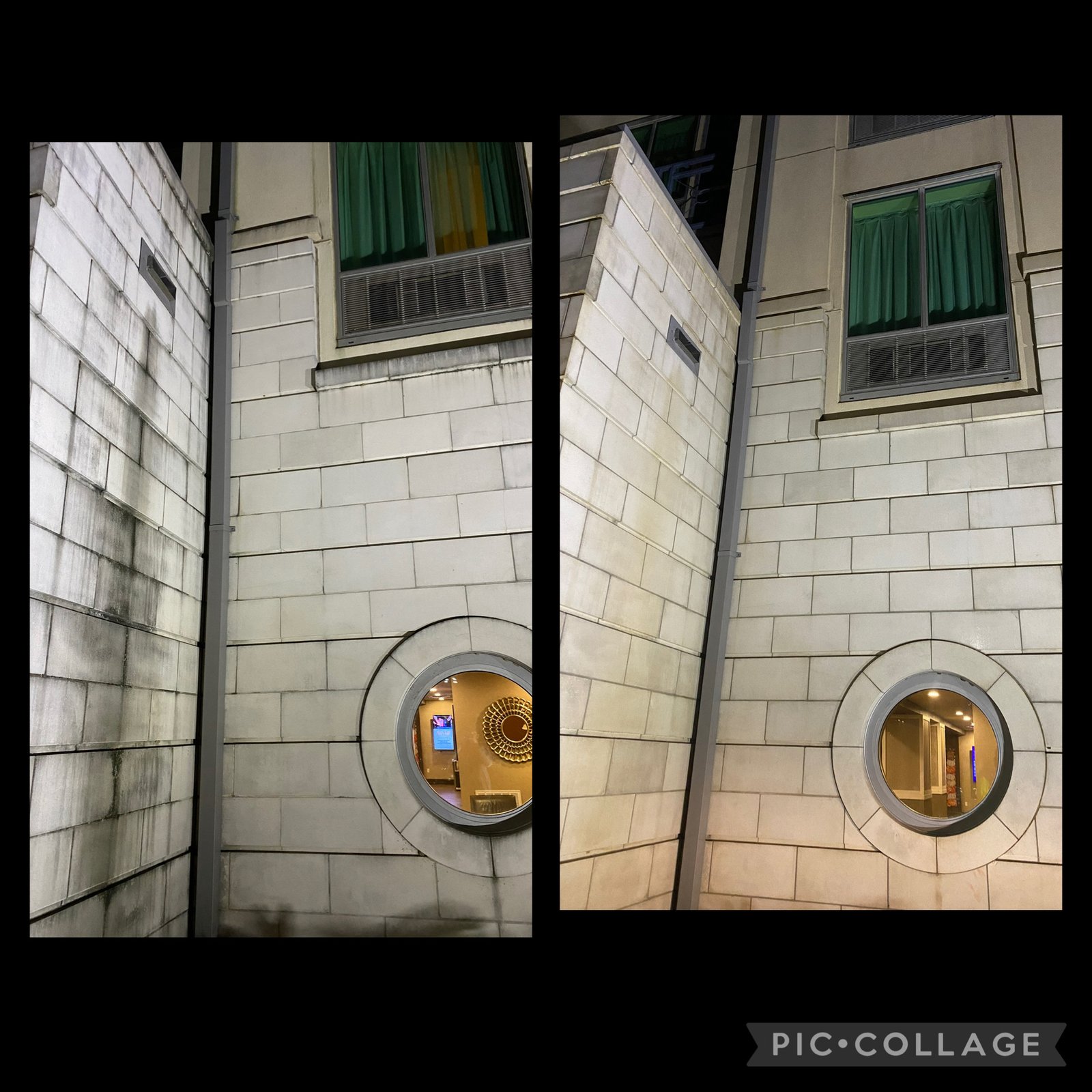 Before and after commercial building stone wall soft wash at night - Presidential Services Shreveport